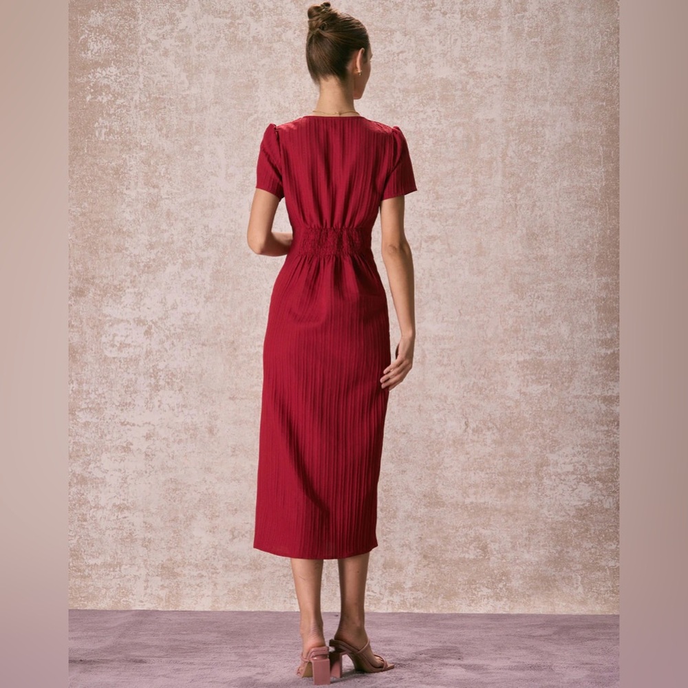 NWT RIHOAS The Red V Neck Shirred Puff Sleeve Midi Dress Sz M - Picture 9 of 10